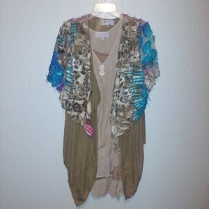 Pretty Angel 3 Piece Cardigan Top& Tank Womens S Sheer Layered Frayed Blue Brown